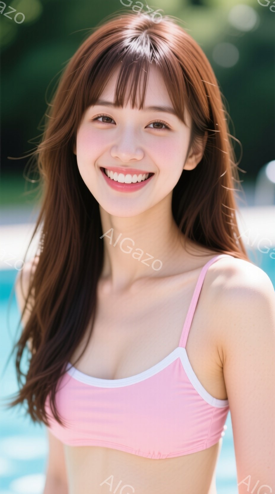 長い茶色の髪に前髪を合わせた女性が、ピンクと白のバイカラーの水着を着て笑顔でこちらを見ています。彼女は少し体を傾け、リラックスした姿勢で、背景にはぼやけた青い水面と緑の植物が見えます。全体的に明るく、 - AI生成フリー素材