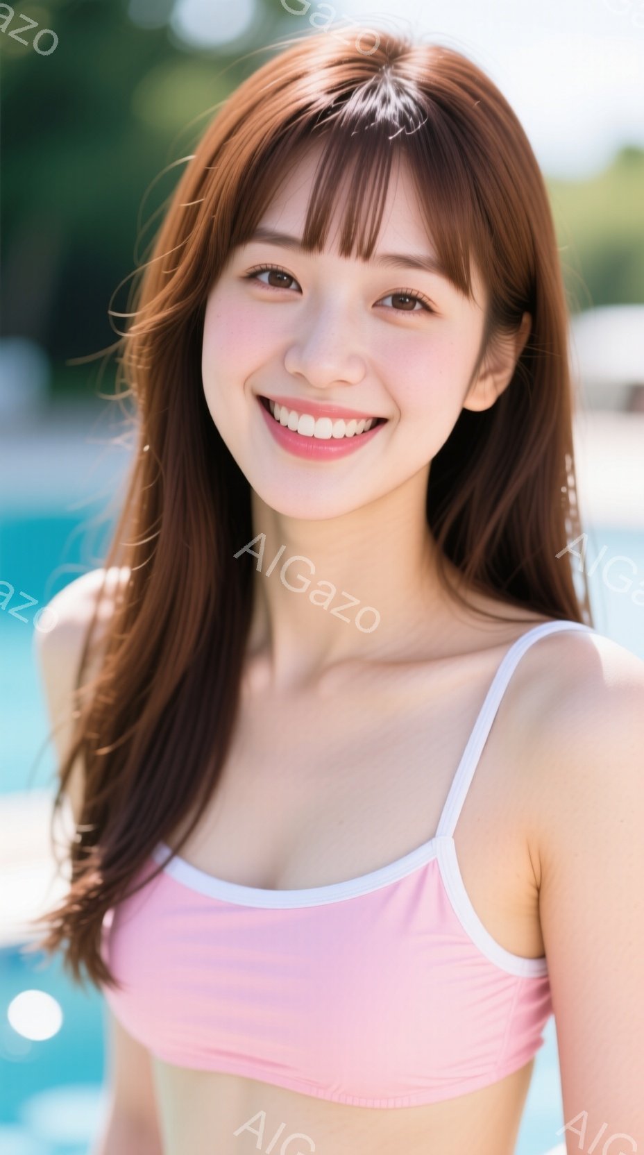 明るいピンク色のビキニを着た若い女性が写っています。彼女は肩までの長さの茶色の髪を持ち、笑顔でカメラを見つめています。背景には水色のプールと緑豊かな木々が見え、晴れた日のリラックスした雰囲気が漂ってい - AI生成フリー素材
