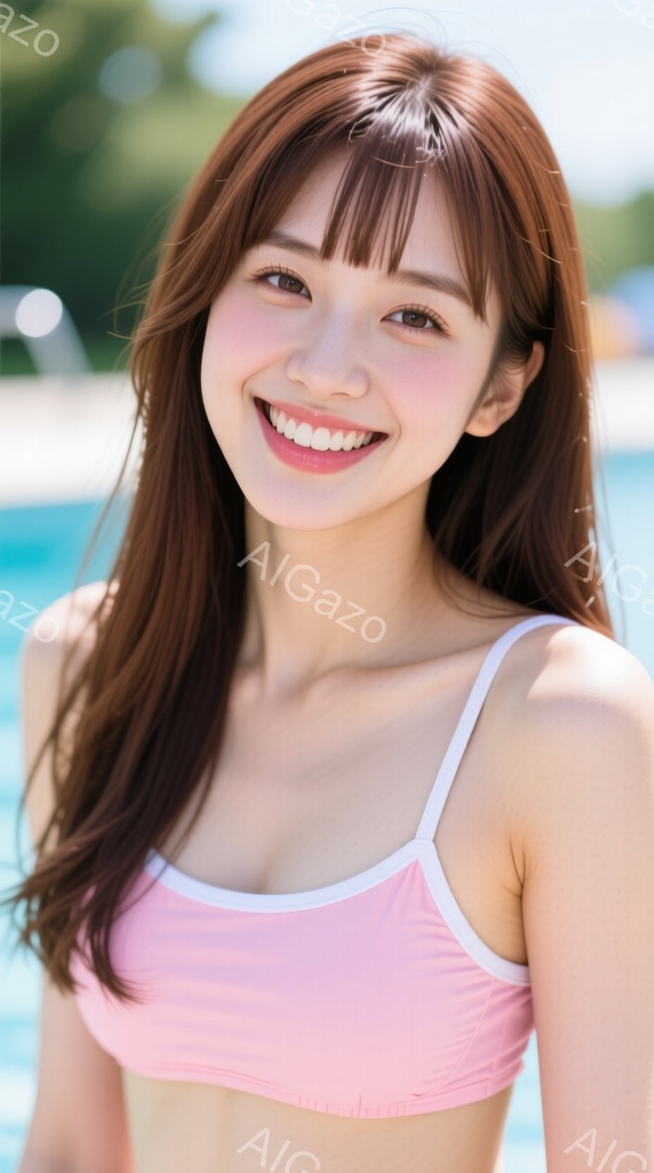 明るいピンク色のビキニトップスを着た若い女性が写っています。彼女は長い茶色の髪を肩にかけ、笑顔でカメラを見ています。背景には青い水面と、ぼやけた緑の植物が見え、晴れた日の屋外でリラックスした雰囲気が漂 - AI生成フリー素材
