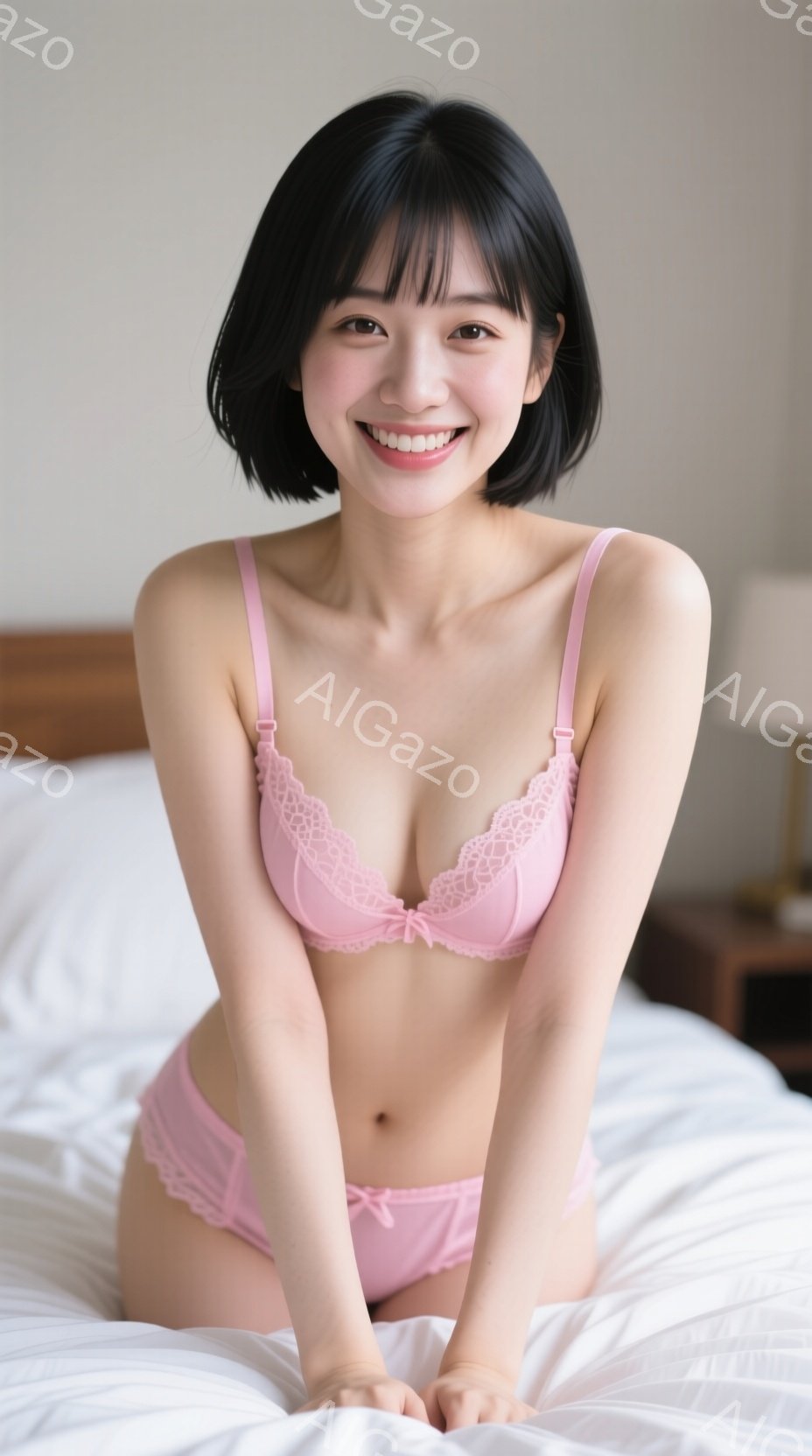 ショートヘアの女性がピンク色の下着姿でベッドに座っています。彼女は微笑んでおり、リラックスした表情をしています。背景はぼやけていますが、ベッドサイドテーブルと部屋の一部が見え、全体的に柔らかく優しい雰 - AI生成フリー素材