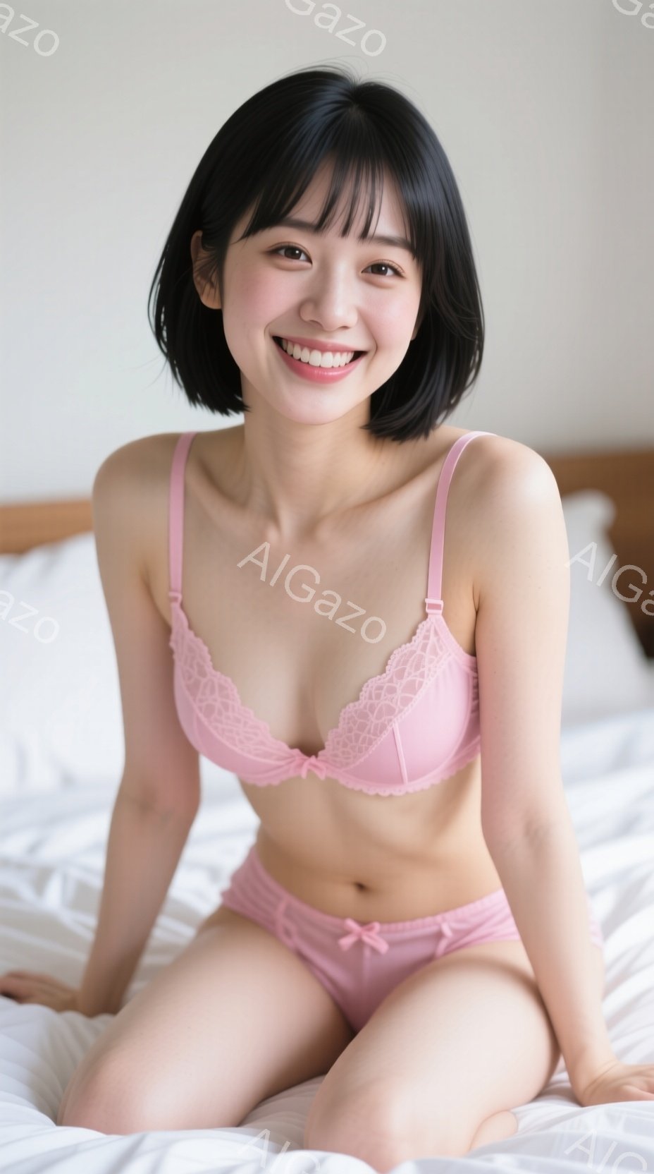 短い黒髪の女性がピンク色のランジェリーセットを身に着け、白いベッドの上に座っています。彼女は微笑んでおり、リラックスした雰囲気です。背景は白く、シンプルで、女性が際立っています。 - AI生成フリー素材
