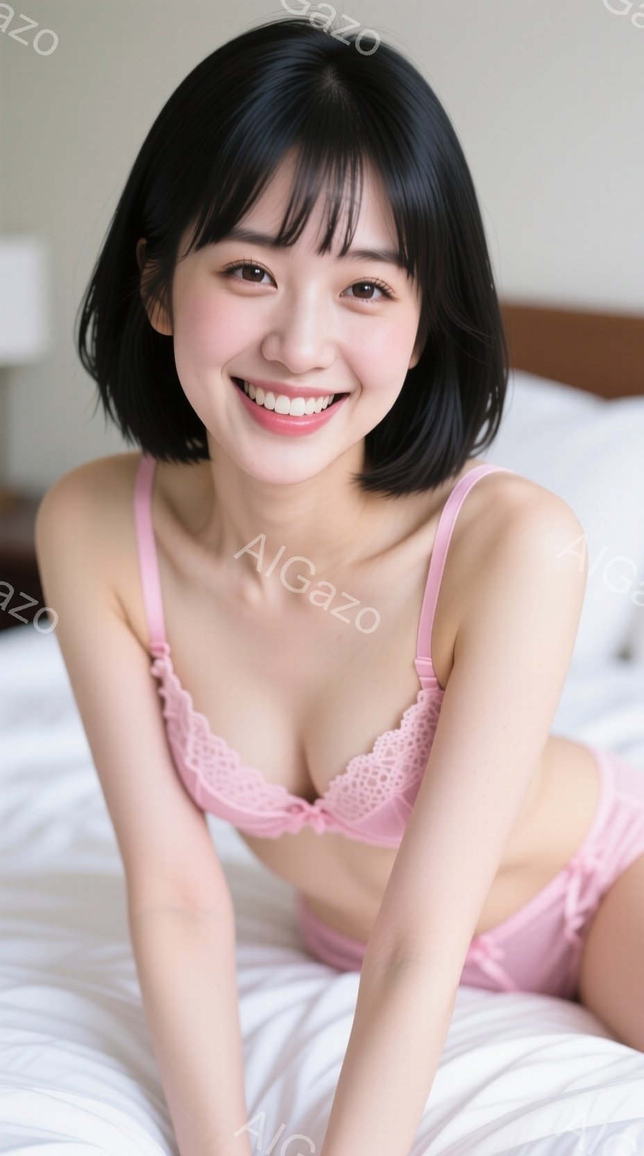 明るいピンク色のレースのブラジャーとショーツを身につけた若い女性が写っています。彼女はベッドに横になり、顔には笑顔が浮かび、視線をカメラに向けています。背景は白く、部屋の一部が見えていますが、焦点は女 - AI生成フリー素材
