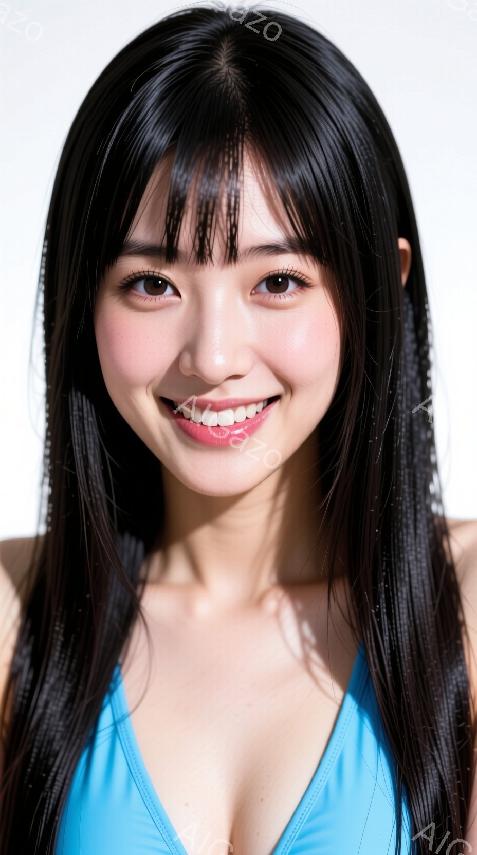 長い黒髪で、前髪は眉毛にかかるようにカットされています。彼女は水色のビキニトップを着ており、笑顔でカメラを見ています。背景は白く、人物に焦点が当てられています。 - AI生成フリー素材