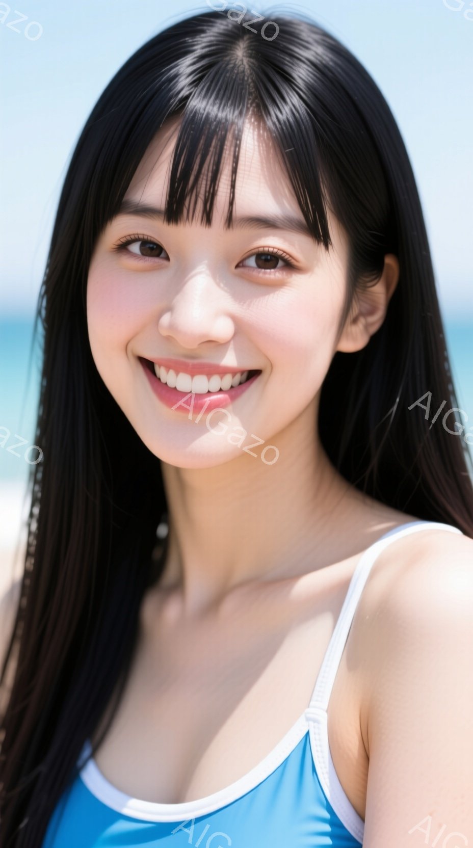 長い黒髪にストレートバングスの若い女性が、青い水着姿でカメラに向かって微笑んでいます。彼女は少し上目遣いで、明るい表情を浮かべており、背景には青い空と海が広がっています。全体的に、夏らしい爽やかで可愛 - AI生成フリー素材
