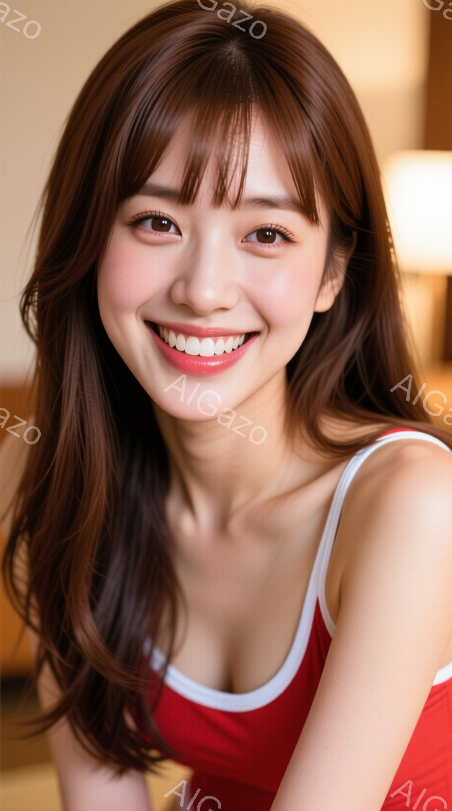 明るい笑顔の若い女性が写っている。彼女は赤と白の縁取りのタンクトップを着ており、長い茶色の髪は肩にかかっている。背景はぼやけており、室内であることがわかるが、具体的な場所は特定できない。 - AI生成フリー素材