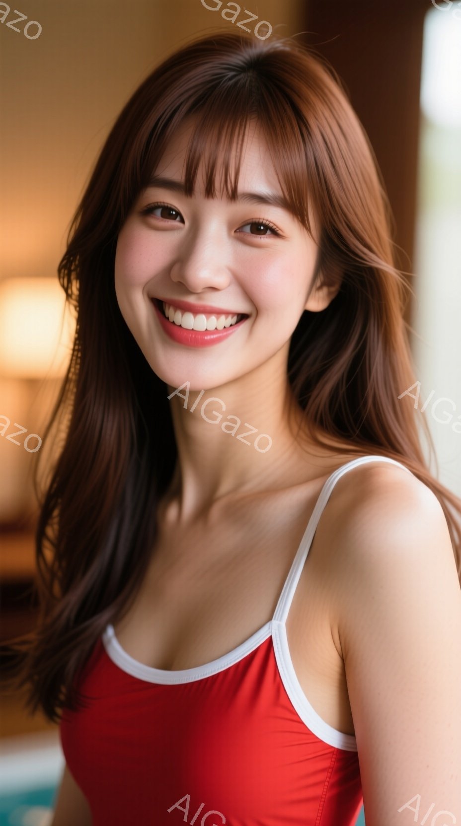 画像は、明るい笑顔を見せる若い女性を捉えています。彼女は白いトリムの赤いキャミソールを着ており、ゆるやかにウェーブした長い髪は肩にかかっています。背景はぼやけていますが、温かみのある室内光が差し込んで - AI生成フリー素材