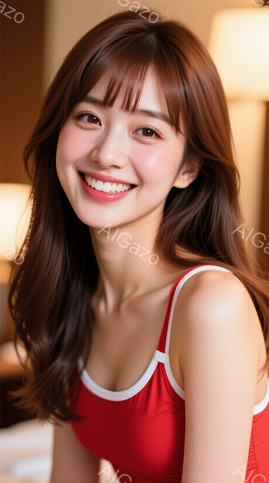 明るい笑顔を浮かべた女性が写っています。彼女は赤と白の縁取りが施されたタンクトップを着ており、長い茶色の髪は肩にかかっています。背景はぼやけていますが、室内であるようで、暖かく優しい雰囲気が漂っていま - AI生成フリー素材