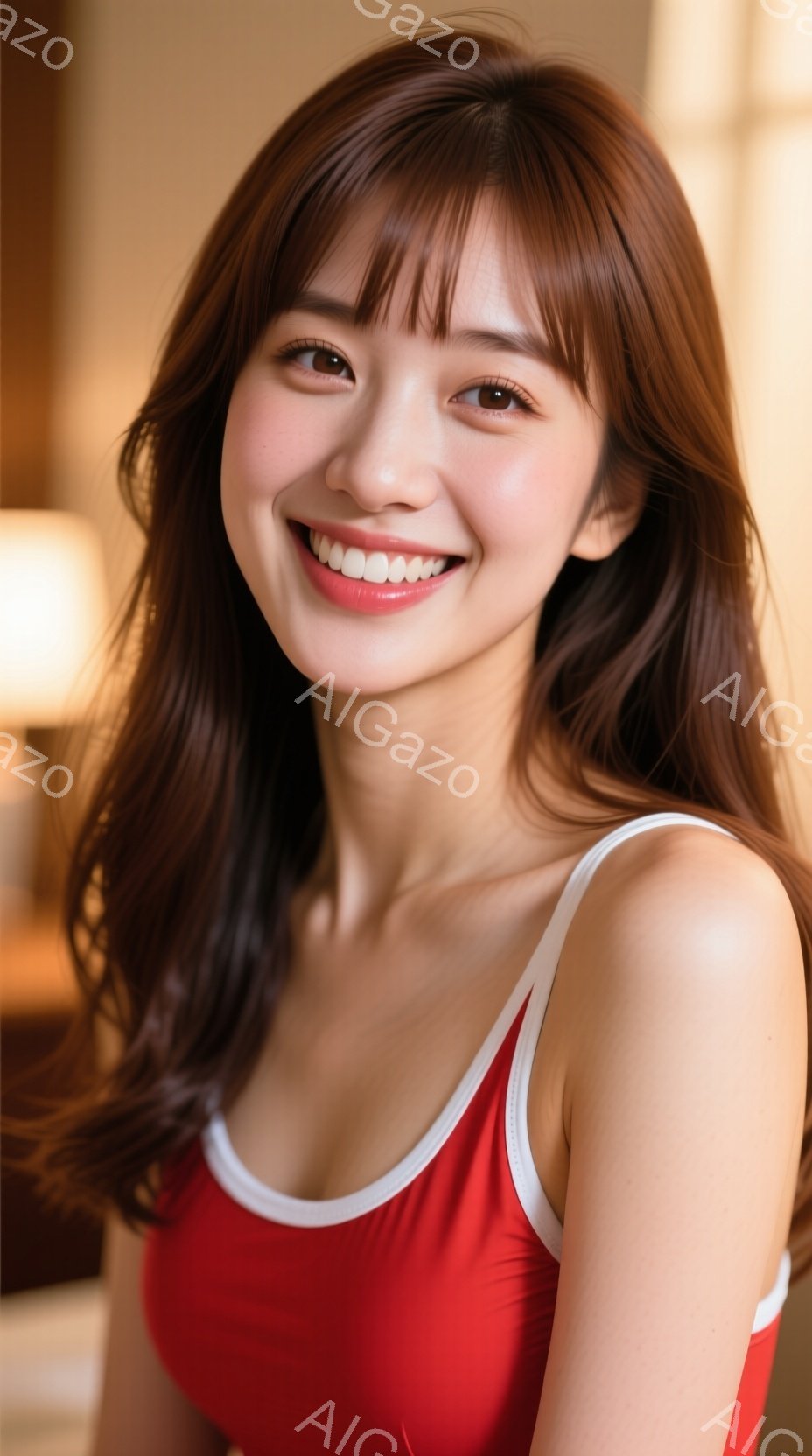 画像は、明るい赤色のタンクトップを着た若い女性のポートレートです。彼女は明るい笑顔を見せ、長くウェーブのかかった茶色の髪を肩に流しています。背景はぼやけていますが、室内であり、暖色系の照明が使用されて - AI生成フリー素材