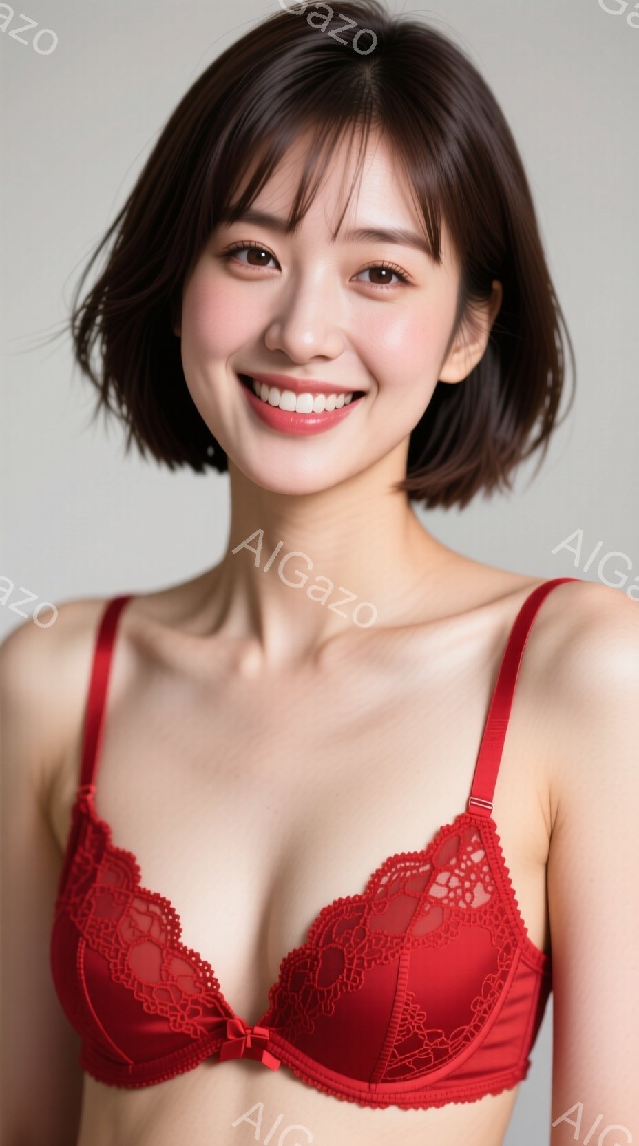 画像は、赤いレースのブラジャーを着た若い女性を捉えています。彼女は肩までの長さのダークブラウンのヘアスタイルで、笑顔でカメラを見ています。背景は無地で、女性に焦点が当てられており、全体的に明るく、魅力 - AI生成フリー素材