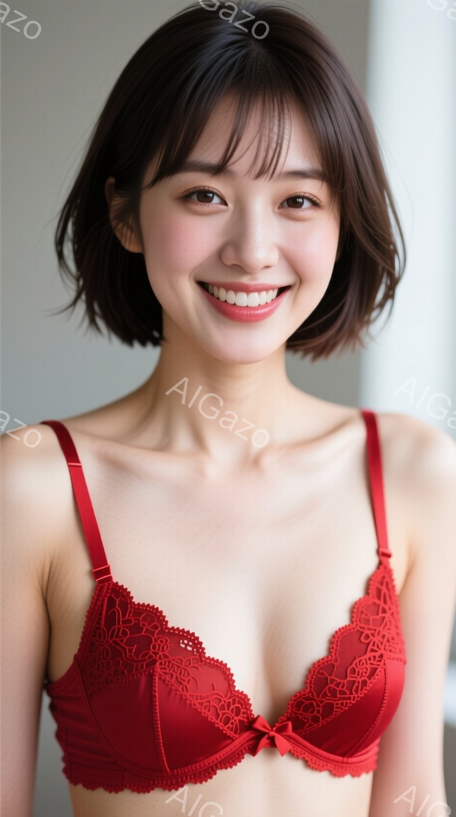 画像は、赤いレースのブラジャーを着た若い女性を正面から捉えたものです。彼女は肩を少し落とし、微笑みを浮かべ、カメラを見つめています。背景は白く、彼女が主な焦点となっています。 - AI生成フリー素材