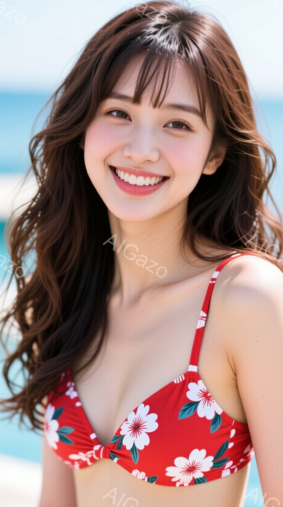 赤い花柄のビキニを着た若い女性が、カメラに向かって笑顔でポーズをとっています。彼女は長い茶色の巻き毛の髪を持ち、リラックスした雰囲気で、背景には青い海と空が見えます。明るい日差しと穏やかな波が、夏のバカンスの雰囲気を高めています。