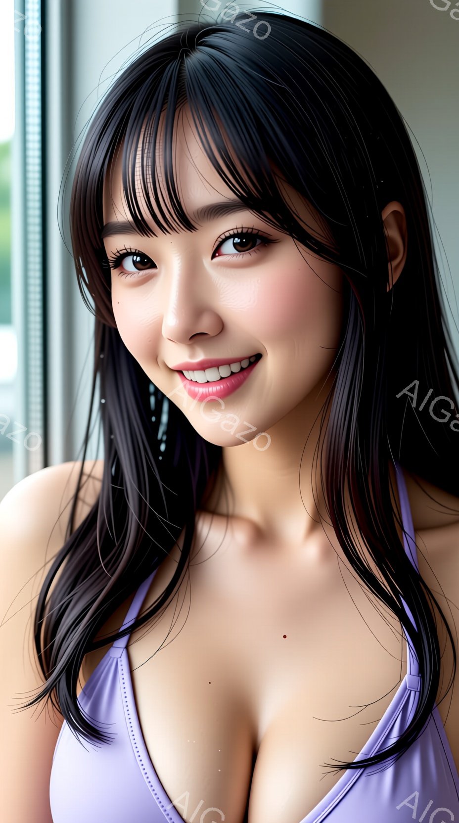 長い黒髪で、前髪は眉毛のあたりで切り揃えられています。紫色のキャミソールを着ており、微笑みを浮かべています。背景はぼやけており、窓と建物が見えますが、焦点は女性に当てられています。 - AI生成フリー素材