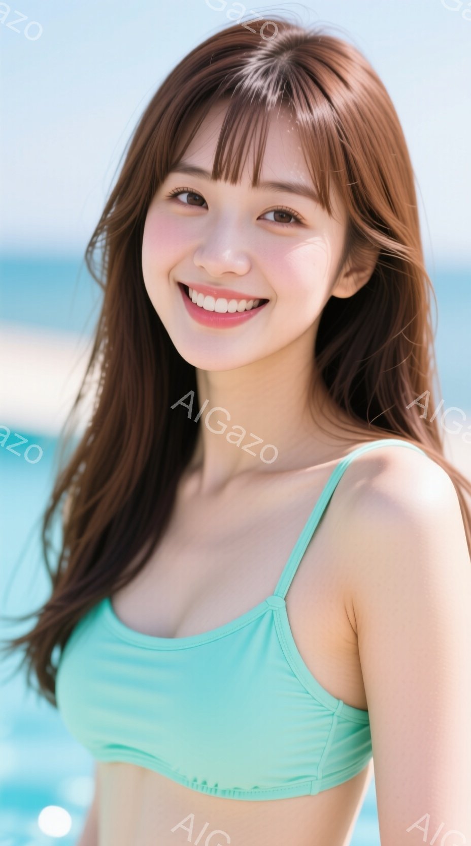 明るい水色のビキニトップを着た若い女性が写っています。彼女は長い茶色の髪を肩にかけ、笑顔でカメラを見ています。背景は青い海と空で、晴れた日中のビーチの穏やかな雰囲気が漂っています。 - AI生成フリー素材