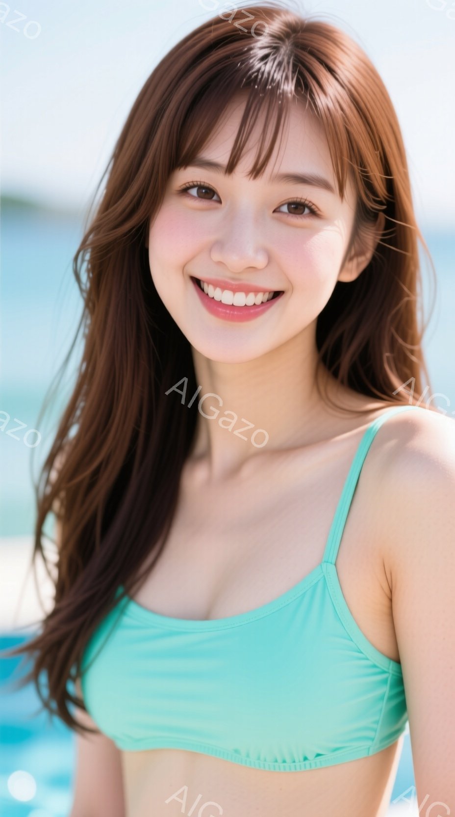 明るい日差しの中で、茶色の長い髪の女性が水色のビキニを着て微笑んでいます。彼女はカメラに向かって少し体を傾け、リラックスした雰囲気で、背景には青い海と空が見えます。全体的に、爽やかで健康的なイメージを - AI生成フリー素材