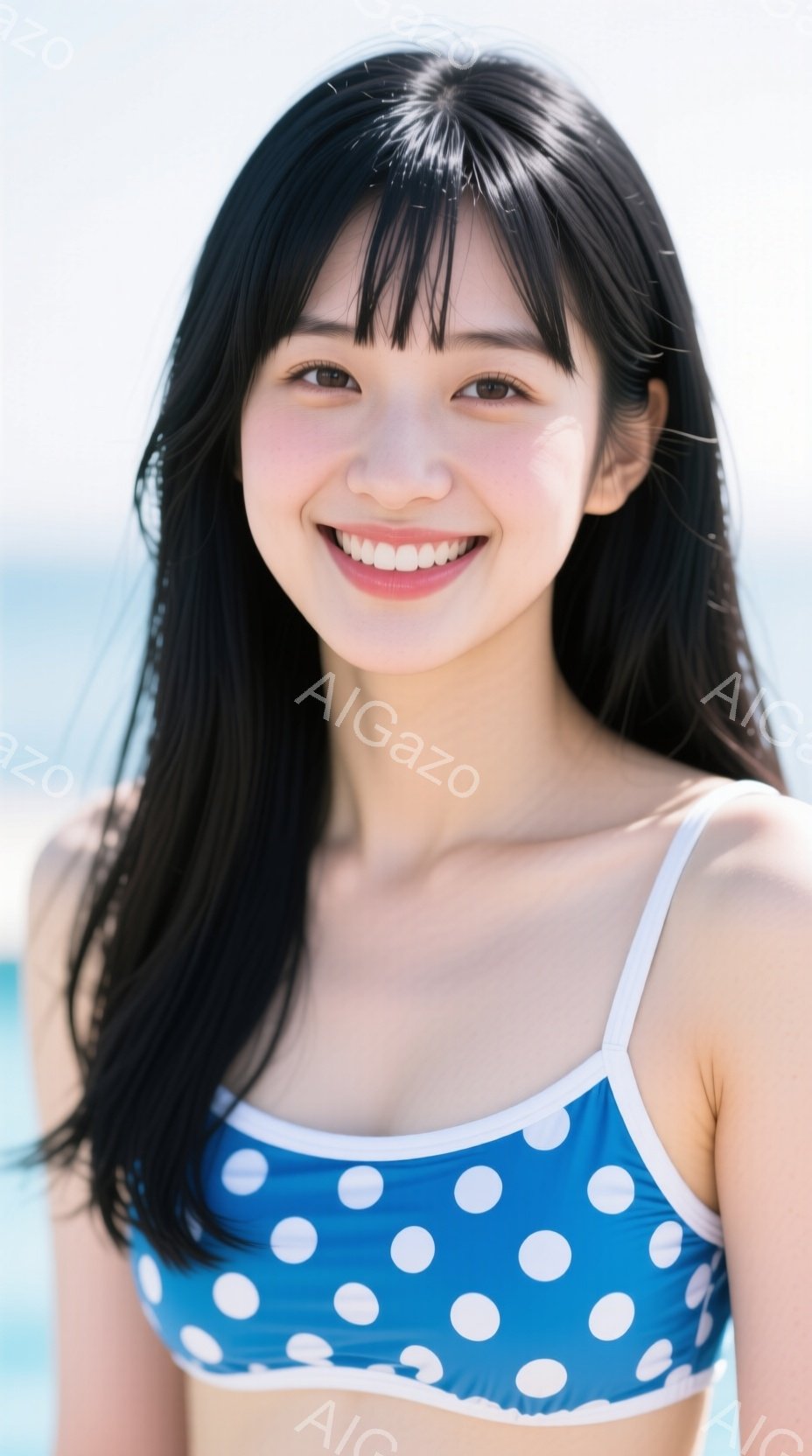 長い黒髪の女性が、青地に白の水玉模様のビキニトップスを着ています。彼女は微笑んでおり、カメラの方を見ています。背景にはぼやけた青い水面が見え、夏の太陽の下でリラックスした雰囲気を醸し出しています。