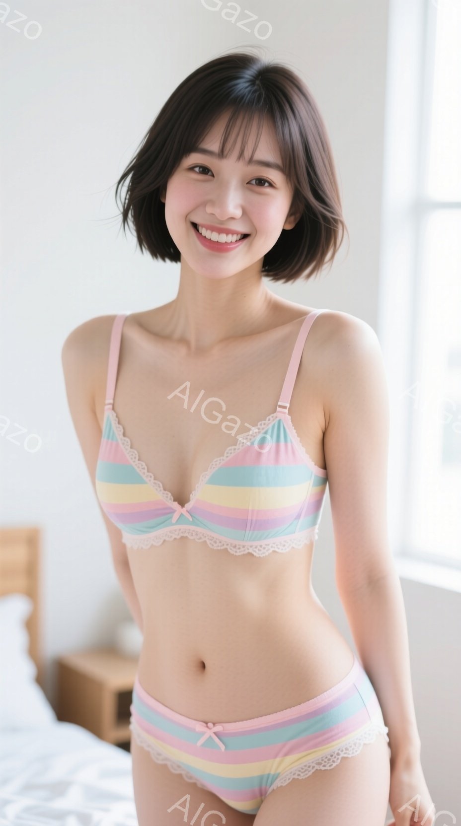 明るいピンクとパステルカラーのストライプのブラとショーツを身に着けた若い女性が写っています。彼女は微笑んでおり、ショートヘアで、リラックスした姿勢で立っています。背景には白いベッドと家具が見え、室内は - AI生成フリー素材