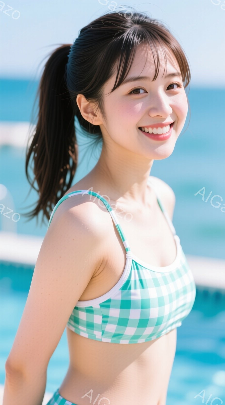 若い女性が水色のチェック柄のビキニを着て、カメラに向かって微笑んでいます。彼女は長い黒髪をポニーテールにし、リラックスした姿勢で立っています。背景には青いプールと晴れた空が見え、全体的に爽やかで夏らしい雰囲気です。