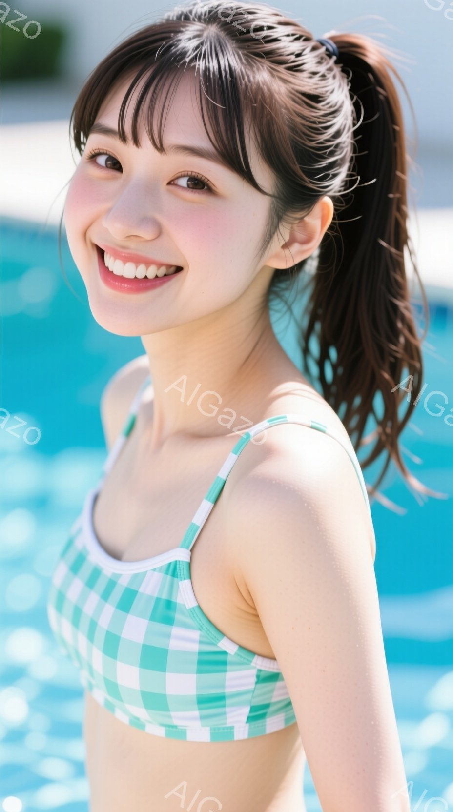 若い女性が水着姿で写っており、緑と白のチェック柄のビキニトップを着用しています。彼女は軽く微笑み、髪を高くポニーテールに結んでおり、顔には水滴が見えます。背景は青い水面で、明るい日差しの下でリラックス - AI生成フリー素材