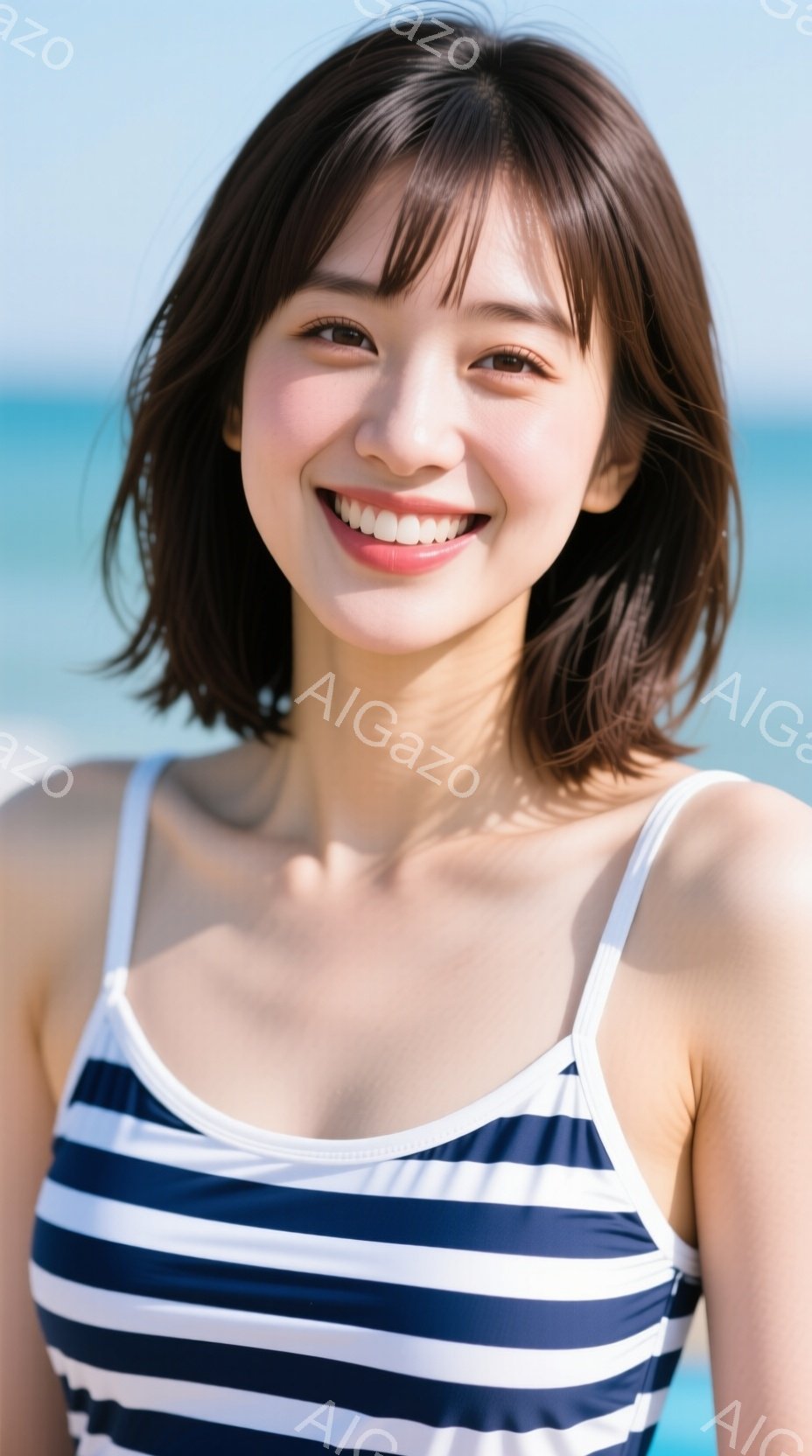 ストライプのワンピース水着を着た若い女性が、明るい笑顔でこちらを見ている。彼女は肩までの長さの茶髪で、少しカールがかかっており、健康的で活発な印象を与える。背景は青い空と海で、晴天でリゾートのような穏 - AI生成フリー素材