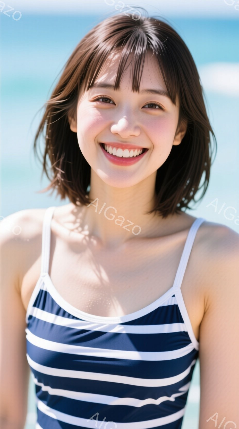 ストライプのワンピース水着を着た若い女性が、明るい笑顔でカメラを見つめています。彼女は肩までの長さのダークブラウンの髪を持ち、自然なヘアスタイルです。背景には青い海と空が広がり、晴れた日差しが水面を照 - AI生成フリー素材