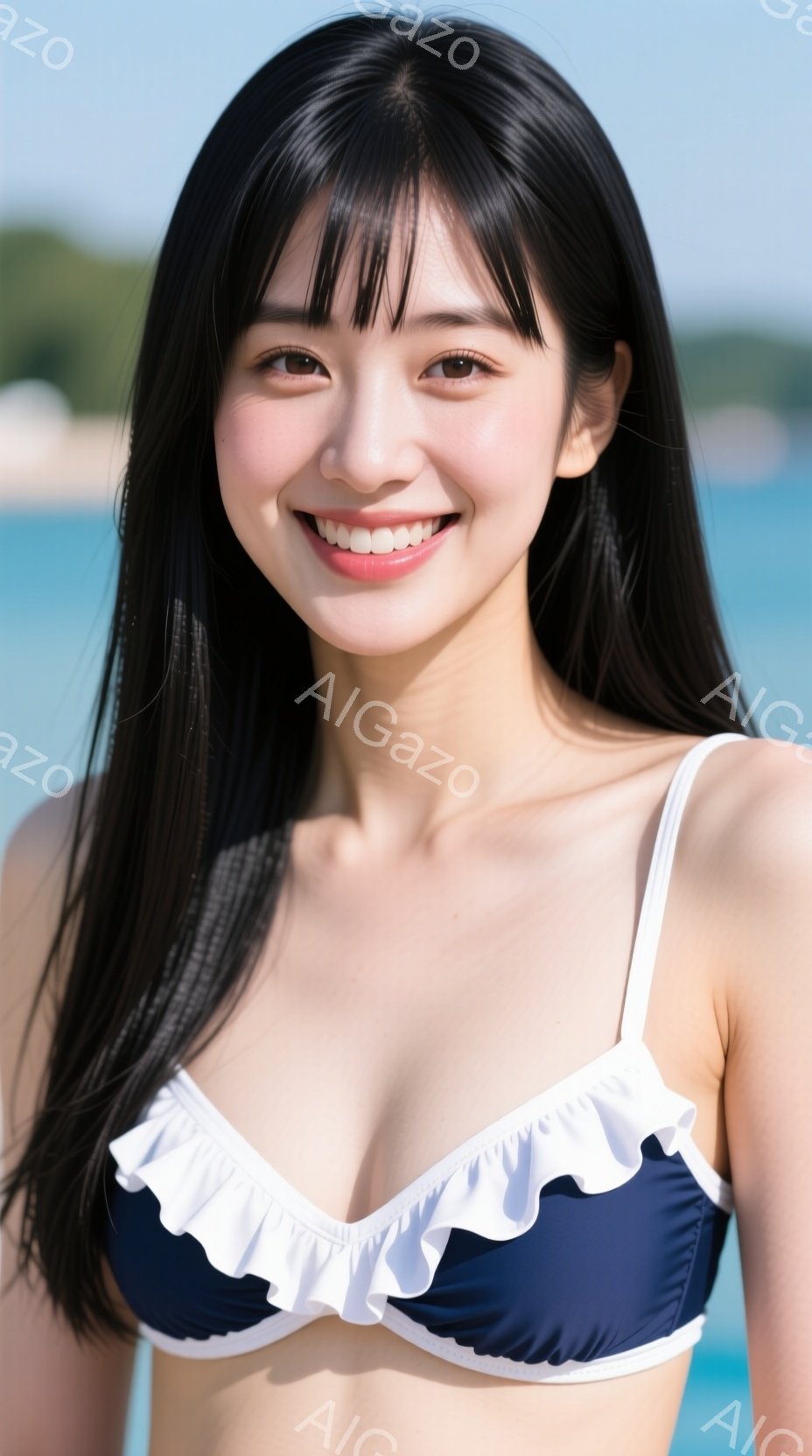 この女性は紺色と白のフリルが特徴の水着を着用し、長い黒髪を肩に垂らしています。彼女は微笑んでおり、リラックスした表情でカメラを見ています。背景には青い海と緑の自然が見え、晴れた日の穏やかな雰囲気が漂っ - AI生成フリー素材