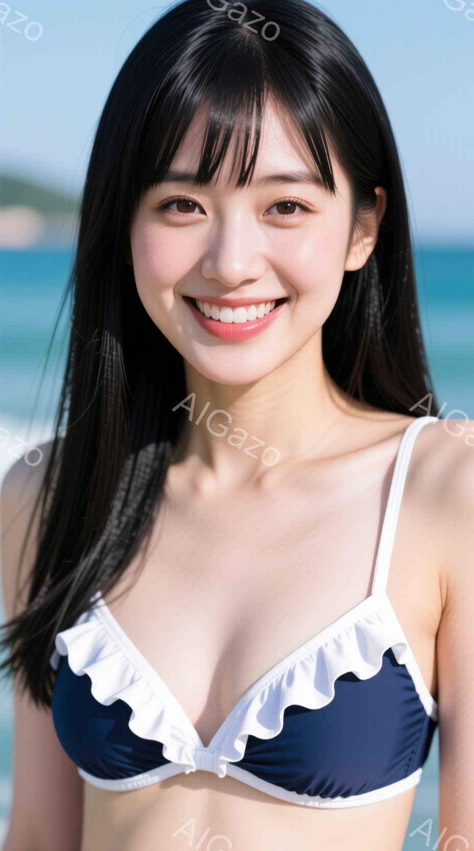紺色と白のフリルが縁取られたビキニを着た若い女性が写っています。彼女は真っ直ぐ前を見つめ、微笑んでおり、長い黒髪は肩にかかっています。背景には青い海と空が広がり、晴れた日のリゾート地のような雰囲気が漂 - AI生成フリー素材