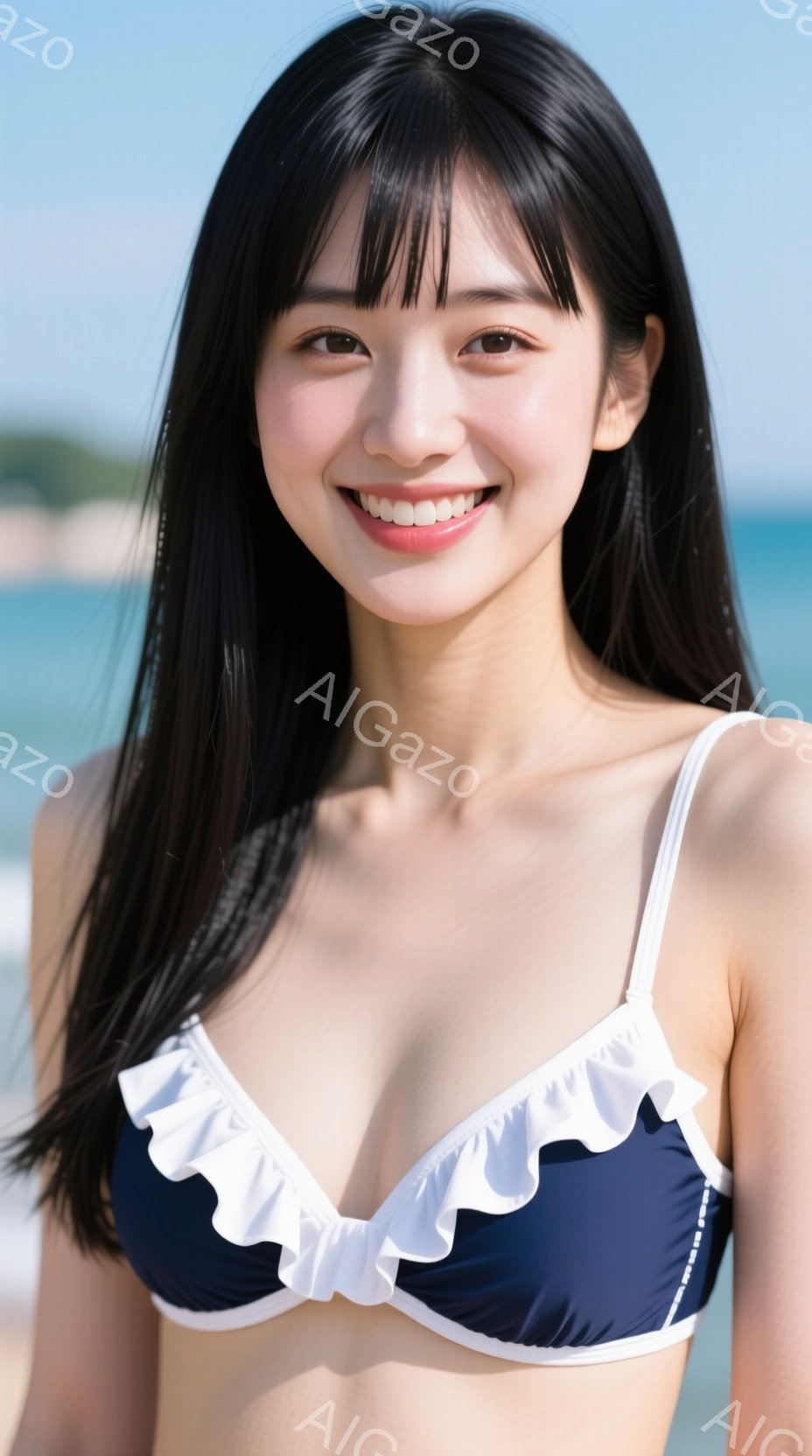 黒髪の女性が、白いフリルの縁取りが施された紺色のビキニを着て、カメラに向かって微笑んでいます。彼女は肩を少し落としたリラックスした姿勢で、背景には青い海と白い砂浜が広がっています。明るい日差しと海の色 - AI生成フリー素材