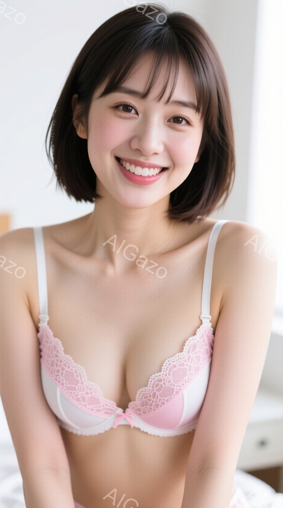 この女性は、白いストラップとレースの縁取りが施されたピンクと白のブラジャーを着ています。彼女は短いダークブラウンのヘアスタイルで、少し微笑んでおり、リラックスしたポーズでカメラを見つめています。背景は - AI生成フリー素材