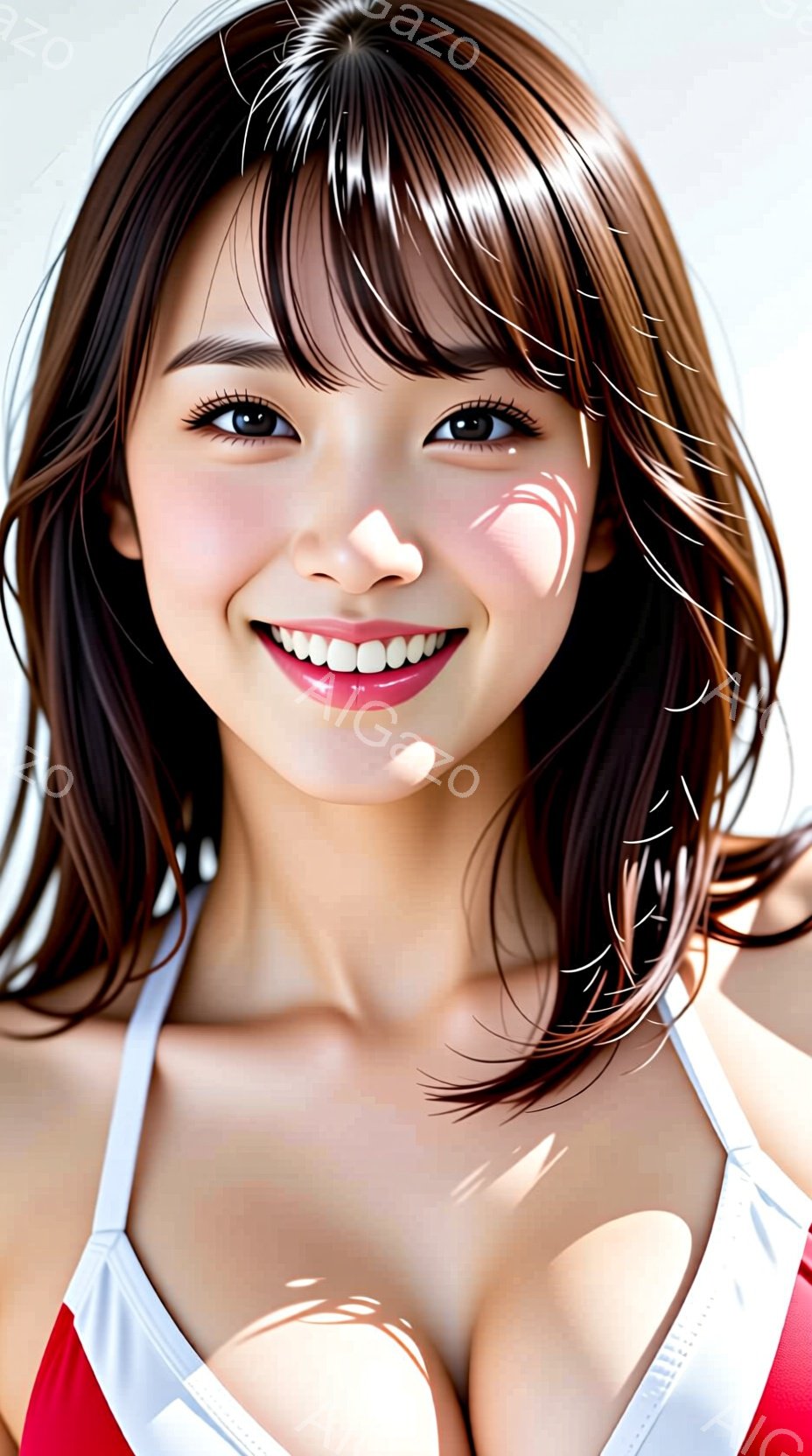 長い茶色の髪に前髪がぱっつんと切られた女性が写っています。赤いタンクトップと白いキャミソールを着用し、明るい笑顔を浮かべています。背景は白く、光が顔に当たってハイライトが強調されています。