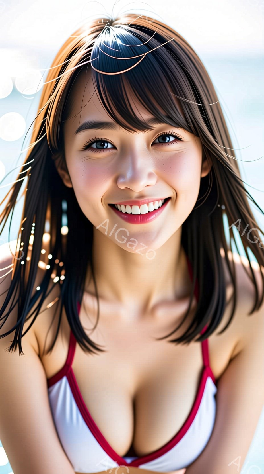 若い女性が正面を向いて微笑んでいます。彼女は白いビキニに赤い縁取りがあり、黒髪のストレートヘアが肩にかかっています。背景は光のフレアとぼやけた青空で、夏の日のリラックスした雰囲気を醸し出しています。 - AI生成フリー素材