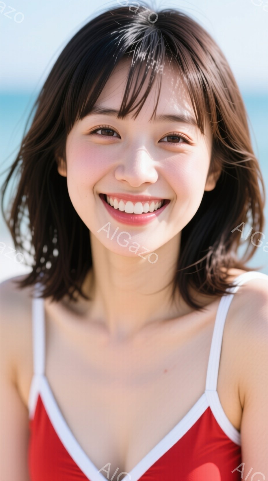 明るい笑顔を浮かべた若い女性が写っています。赤い縁取りの赤い水着を着ており、肩とデコルテが露わになっています。背景には、青い海と白い砂浜が見え、晴れた日のビーチの雰囲気が漂っています。 - AI生成フリー素材