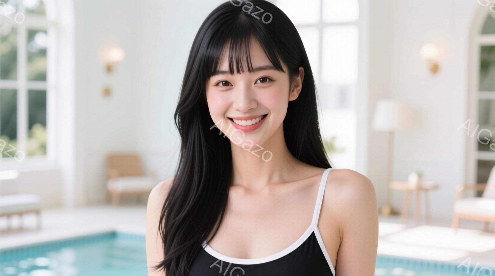 黒いキャミソールタイプの水着を着た若い女性が、カメラに向かって微笑んでいます。彼女は長い黒髪で、肩まで覆っています。背景は明るい室内プールで、窓からは自然光が差し込み、リラックスした雰囲気を醸し出して - AI生成フリー素材