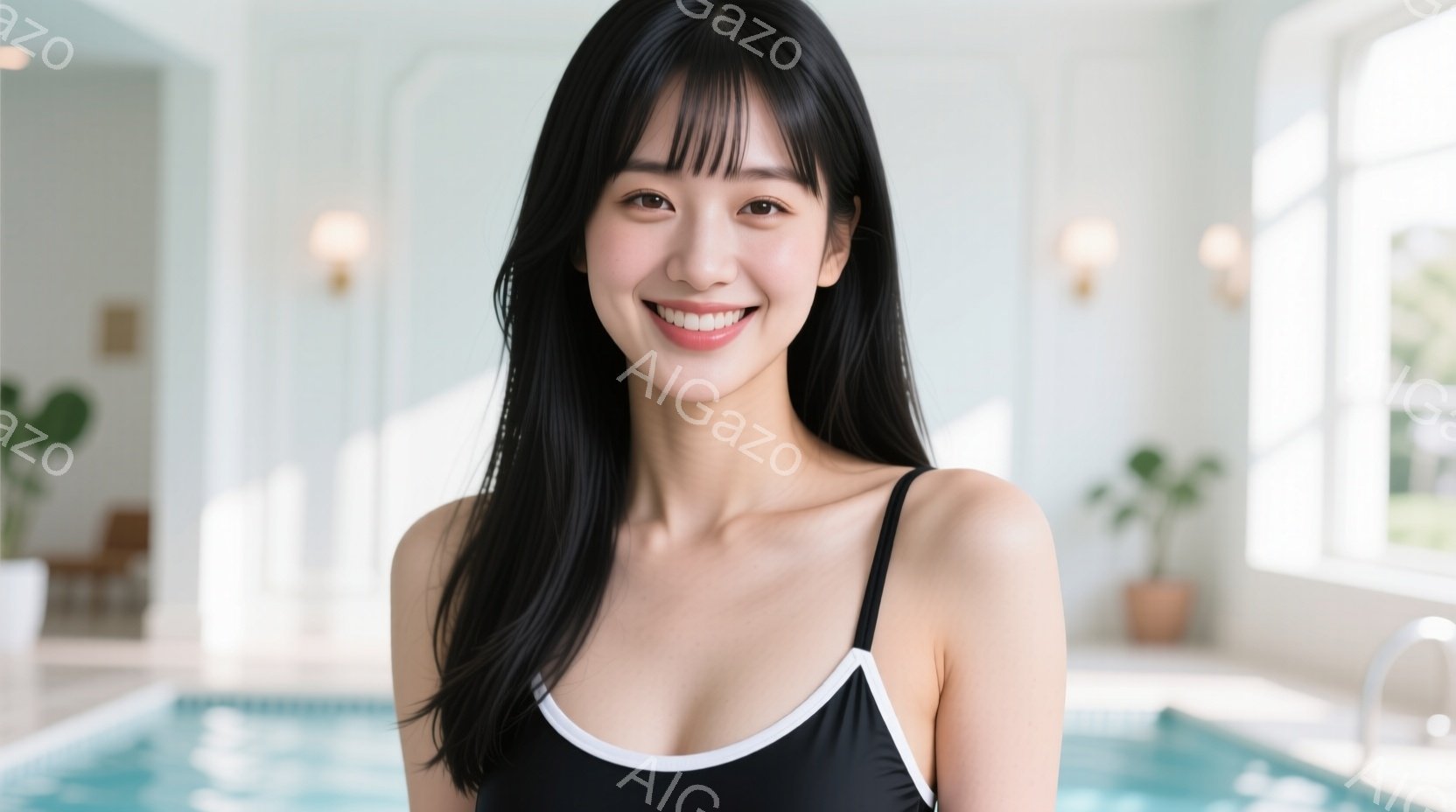 黒い縁取りのある黒い水着を着た女性が写っています。彼女は長い黒髪で、顔には明るい笑顔が見られます。背景は明るい室内プールで、窓から自然光が差し込み、リラックスした雰囲気を醸し出しています。 - AI生成フリー素材
