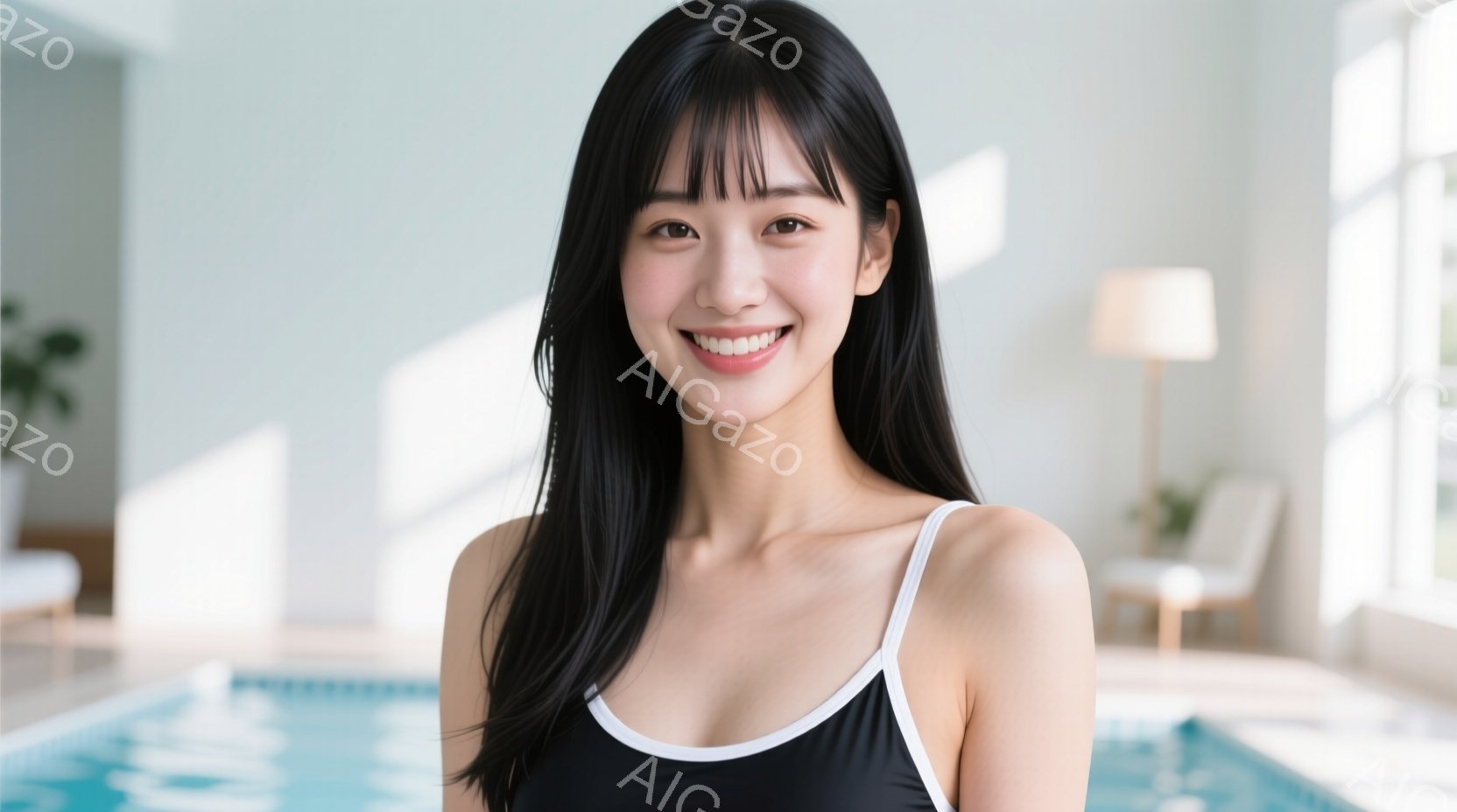 黒い水着を着た若い女性が正面を向いて微笑んでいます。彼女は長い黒髪で、前髪が目にかかっています。背景には窓があり、明るい室内プールが見え、リラックスした雰囲気が漂っています。 - AI生成フリー素材
