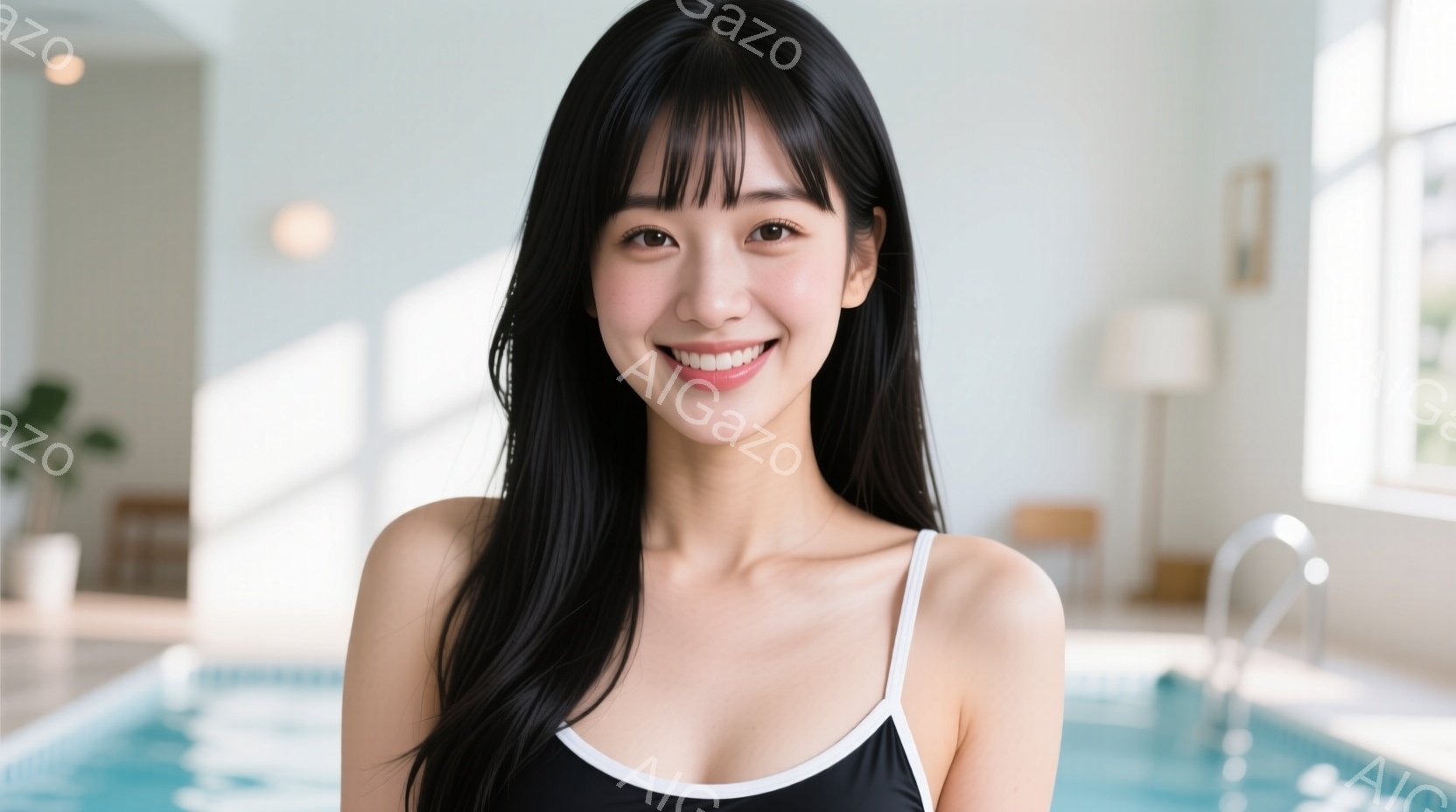 長い黒髪で、前髪は眉毛のあたりで切り揃えられています。水着姿で、笑顔を見せており、健康的な美しさを感じさせます。背景には水色のプールが見え、明るい日差しが差し込む室内プールのような場所で、リラックスした雰囲気が漂っています。