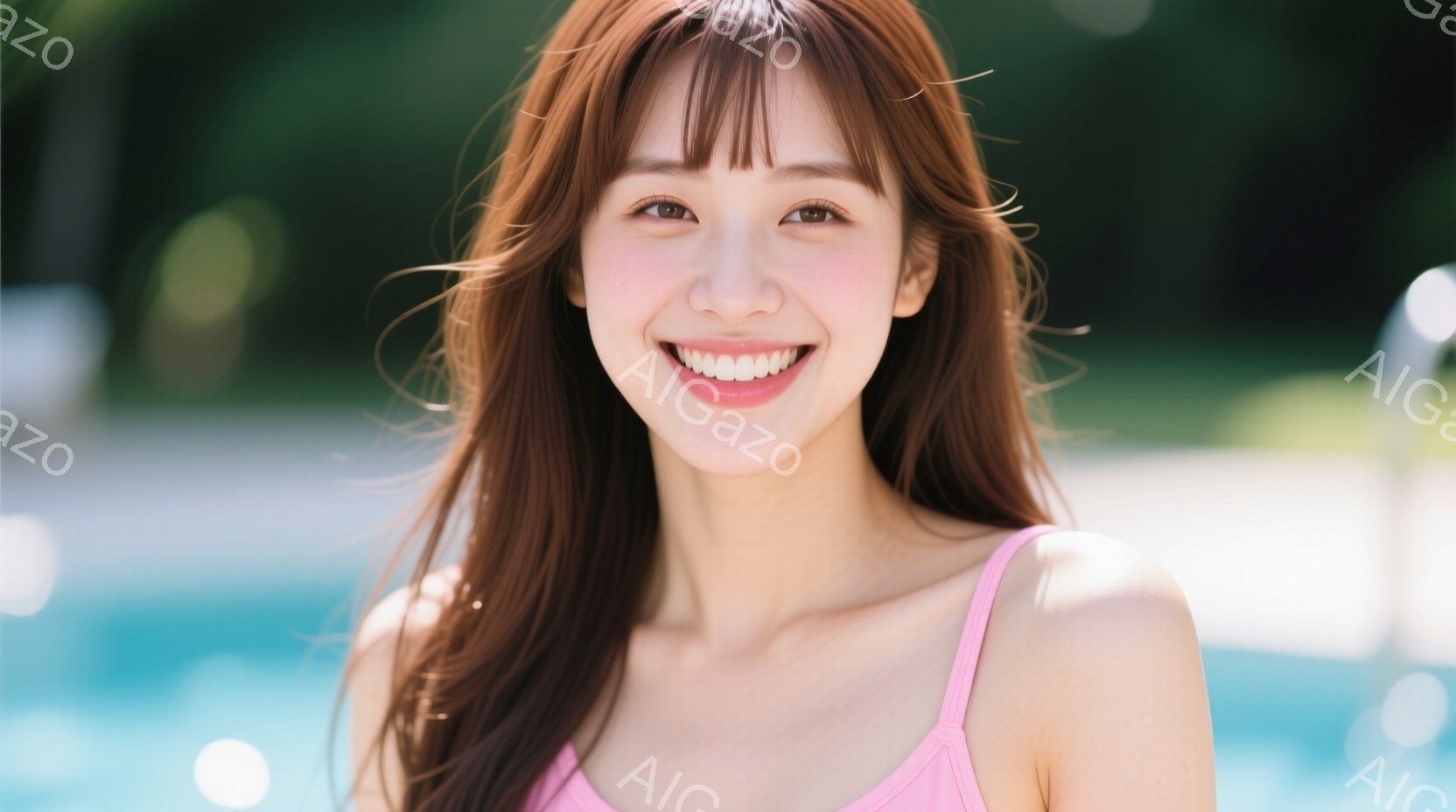長い茶色の髪を持つ若い女性が、ピンク色のキャミソールを着て正面を向いて微笑んでいます。彼女の髪は肩にかかり、顔周りはふんわりとしたレイヤーカットになっています。背景は水色のぼやけたプールで、全体的に明 - AI生成フリー素材