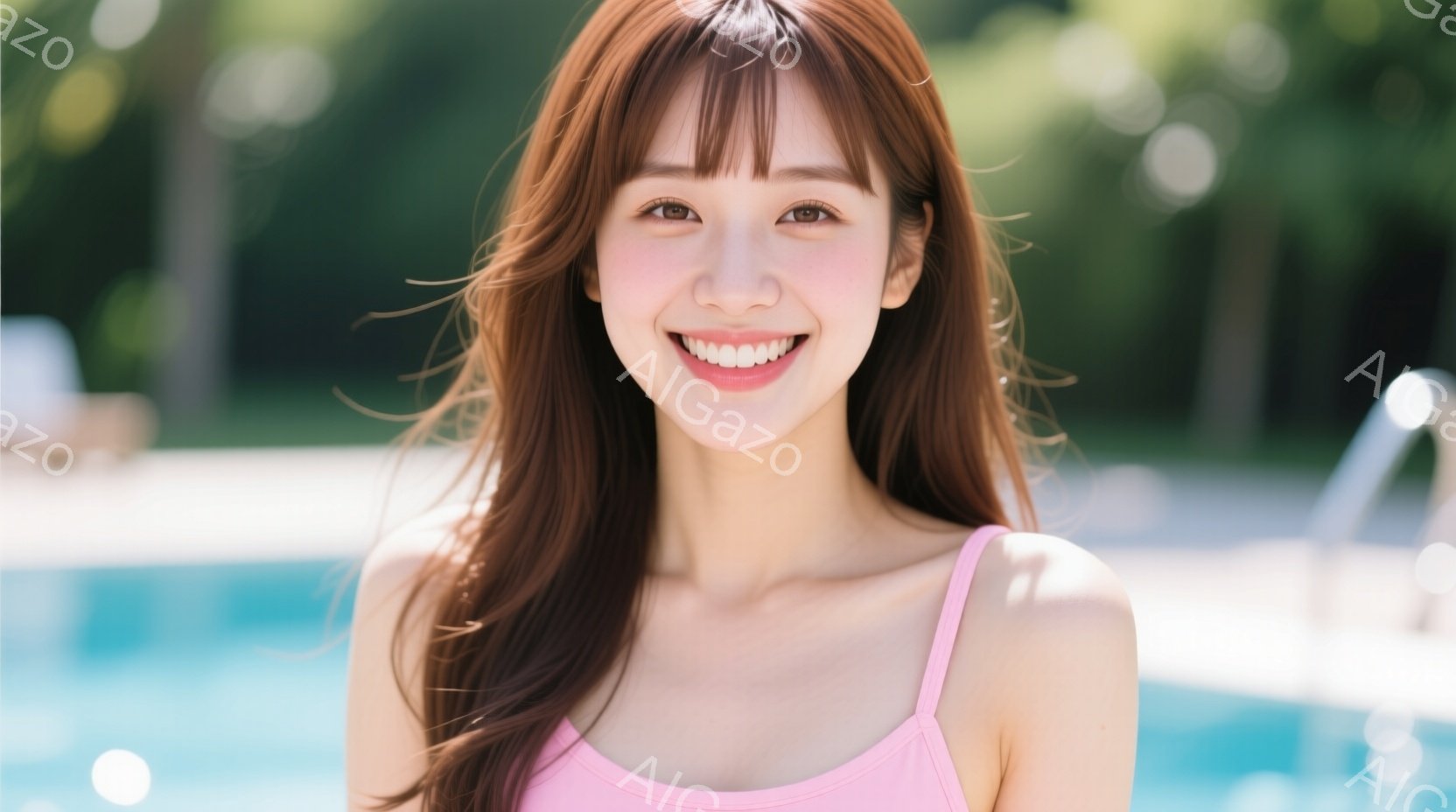 明るい笑顔を見せる女性が写っています。彼女は肩出しのピンク色の水着を着ており、長い茶色の髪は少しカールしています。背景には青いプールと緑の植物が見え、晴れた日のリラックスした雰囲気が漂っています。 - AI生成フリー素材