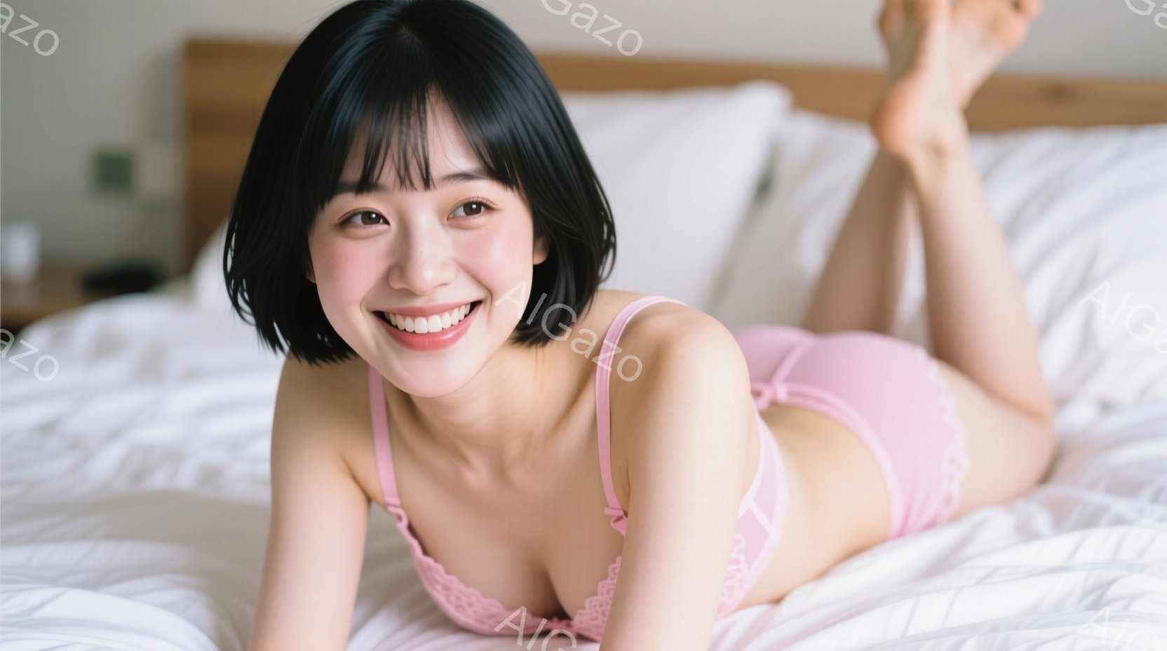 短い黒髪で、顔には笑顔が浮かぶ女性が、ピンク色のレースのランジェリーを着てベッドに横たわっています。彼女は片足を曲げて、リラックスした姿勢でカメラを見つめています。背景は白く清潔なベッドシーツで、部屋 - AI生成フリー素材