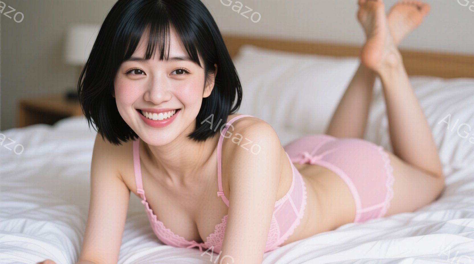鮮やかなピンク色のランジェリーを着た若い女性がベッドに横たわっています。彼女は短い黒髪で、顔には明るい笑顔が浮かび、リラックスした雰囲気を醸し出しています。背景は白くシンプルな寝室で、穏やかで親密な雰 - AI生成フリー素材