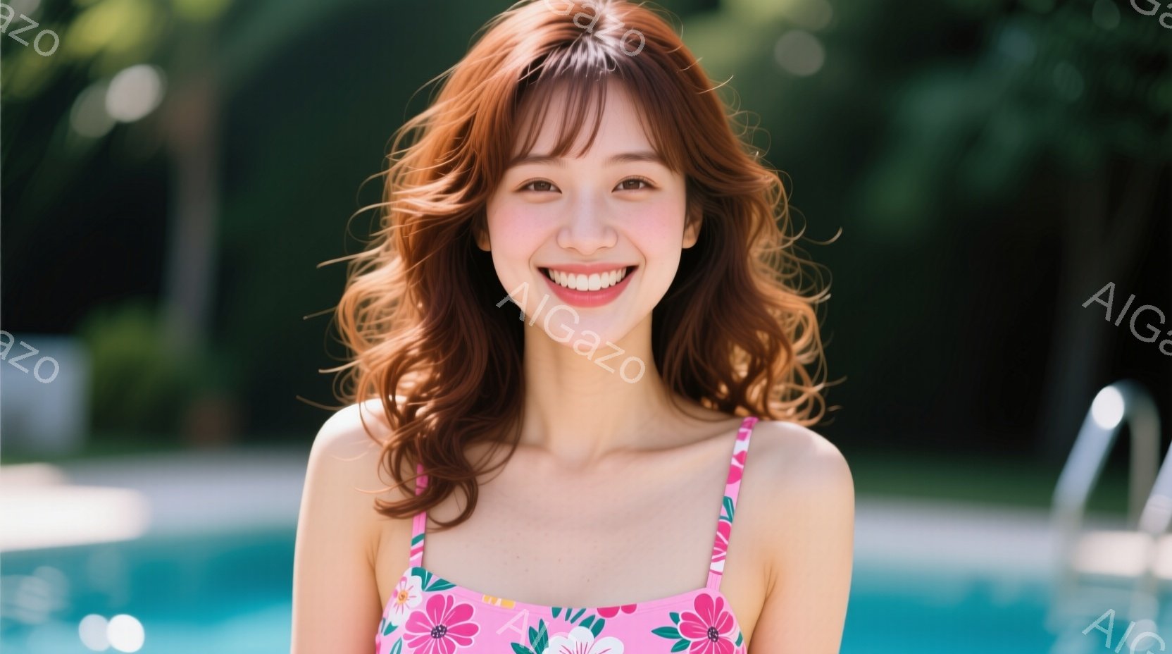 明るいピンク色の花柄の水着を着た女性が、カメラに向かって微笑んでいます。彼女は肩まで伸びた茶色の巻き髪で、リラックスした表情をしています。背景には、水と階段があり、緑豊かな自然が広がっており、晴れた日 - AI生成フリー素材