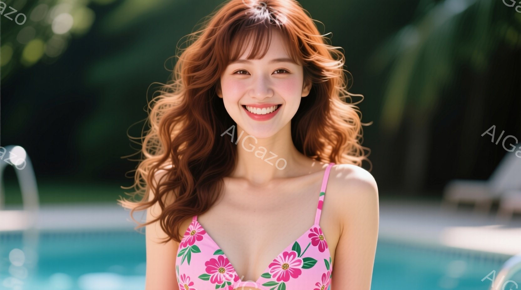 明るいピンク色の花柄の水着を着た女性が写っています。彼女は長い茶色の巻き髪で、顔には笑顔が溢れています。背景には青いプールと緑の植物が見え、晴れた日のリラックスした雰囲気が漂っています。 - AI生成フリー素材