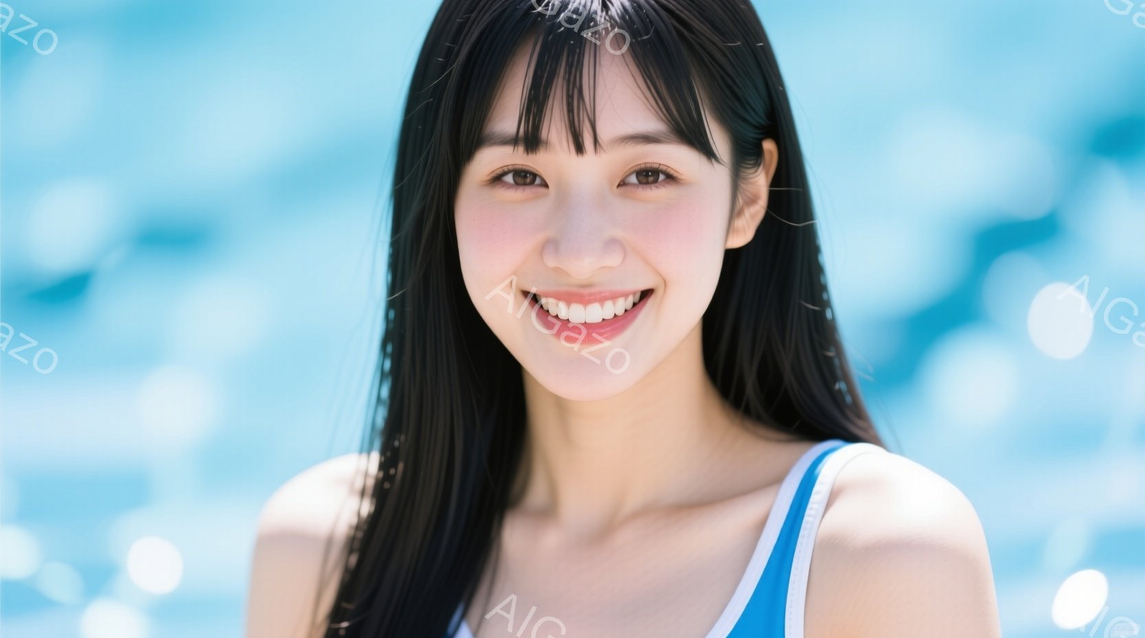 黒髪で前髪のある若い女性が、明るい笑顔でカメラを見つめています。彼女は肩出しの青い水着を着ており、水辺にいるようです。背景は水面の反射でぼやけており、全体的に爽やかで夏らしい雰囲気です。 - AI生成フリー素材