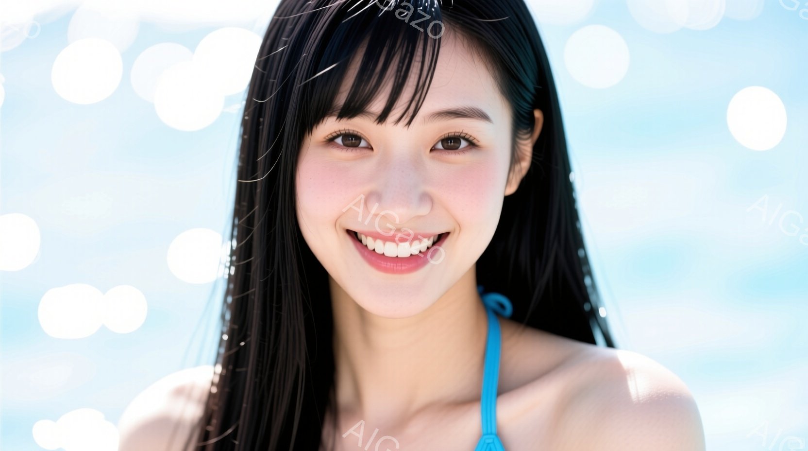 長い黒髪を濡らし、顔には笑顔が輝く若い女性が写っています。彼女は肩から外れた青いストラップのビキニのようなものを身につけており、水から上がったばかりのようです。背景はぼやけた水面と白い光のぼかしで、全体的に爽やかで夏の雰囲気です。