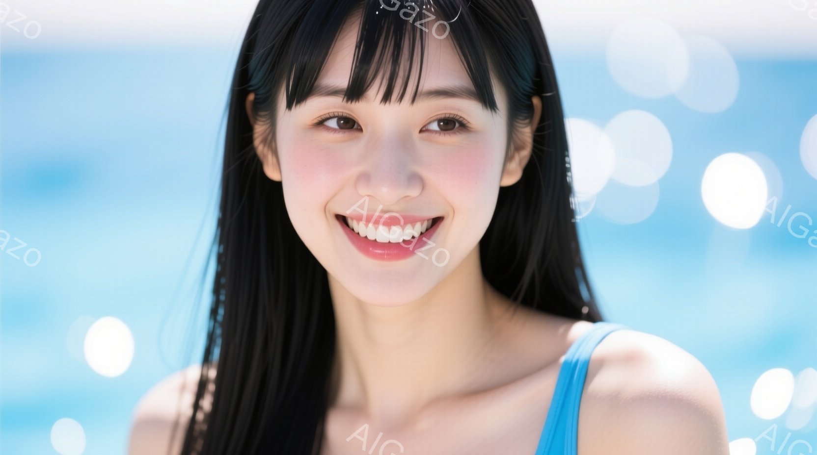 黒髪の女性がカメラに向かって微笑んでいます。彼女は肩出しの青い服を着ており、前髪を流した髪型です。背景はぼやけた水色で、光の粒子が散りばめられており、明るく爽やかな雰囲気を醸し出しています。 - AI生成フリー素材