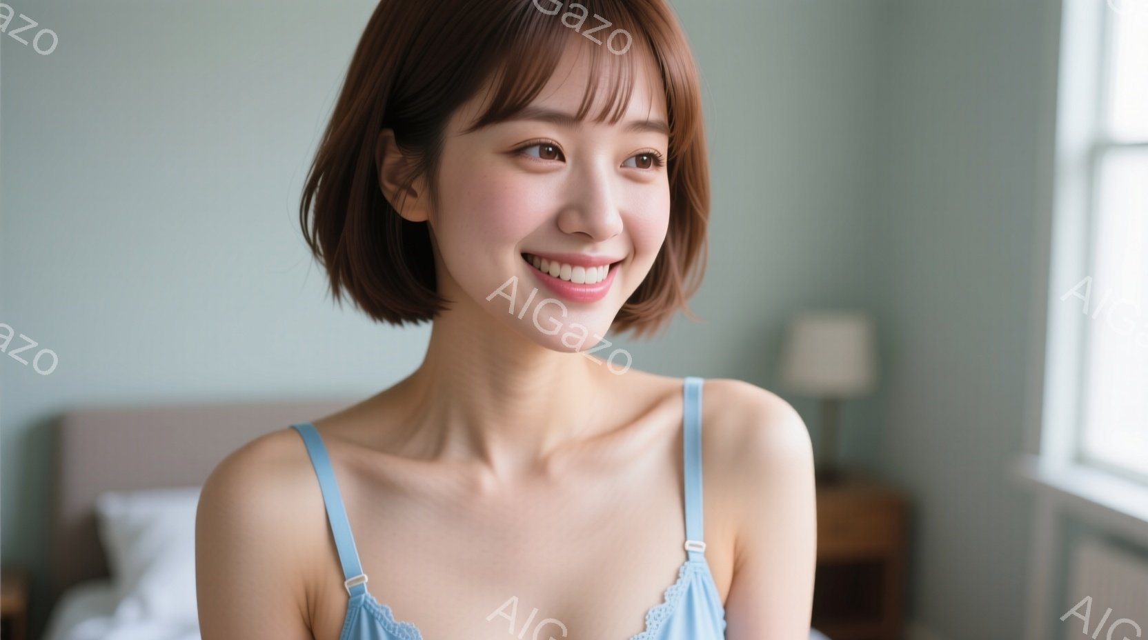明るいブルーのキャミソールを着た若い女性が写っています。彼女は短い茶色の髪を持ち、優しく微笑んでいます。背景にはベッドとサイドテーブルがあり、窓から柔らかな光が差し込んでおり、リラックスした雰囲気が漂 - AI生成フリー素材