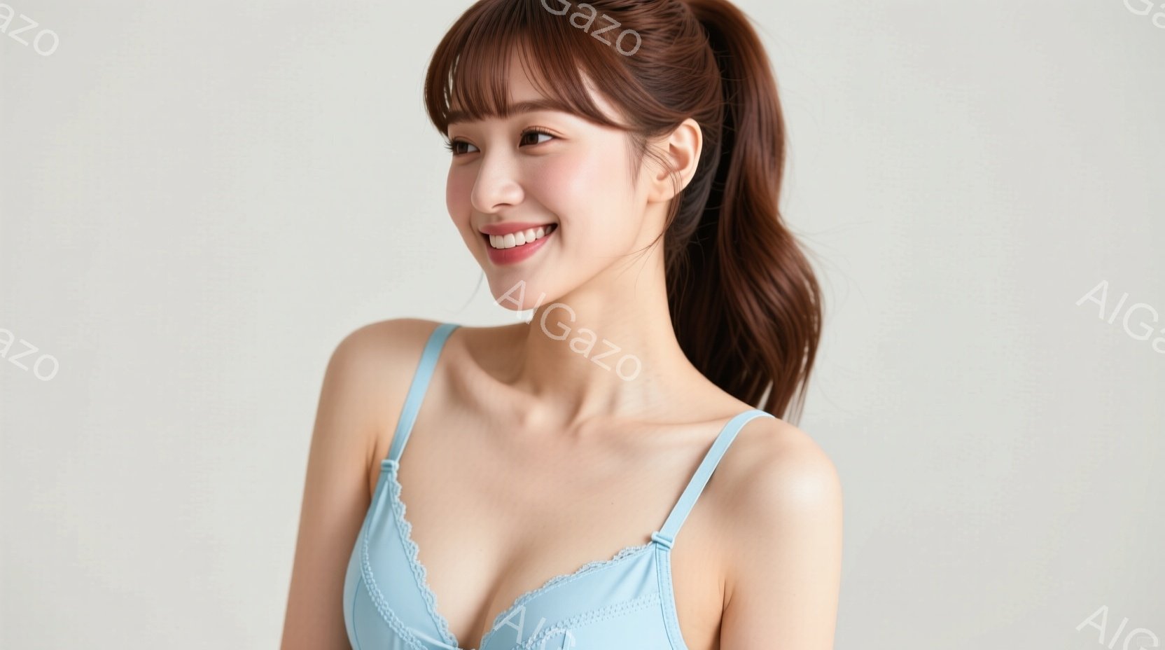 長い茶色の髪をポニーテールにした若い女性が、淡い水色のキャミソールを身につけて微笑んでいます。彼女はわずかに体をねじり、リラックスした姿勢でカメラを見つめています。背景は白く、焦点は女性自身に当てられ - AI生成フリー素材