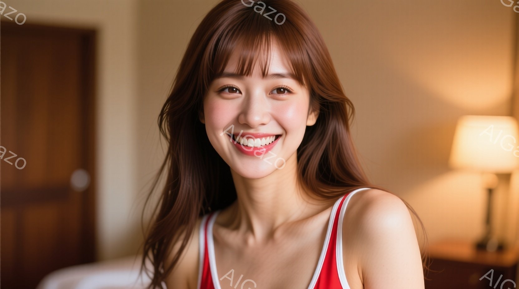 明るい茶色の長い髪をした若い女性が、白いタンクトップのような服を着て微笑んでいます。彼女はカメラに向かって少し体を傾け、リラックスした表情をしています。背景には木製の家具と間接照明があり、柔らかく暖か - AI生成フリー素材