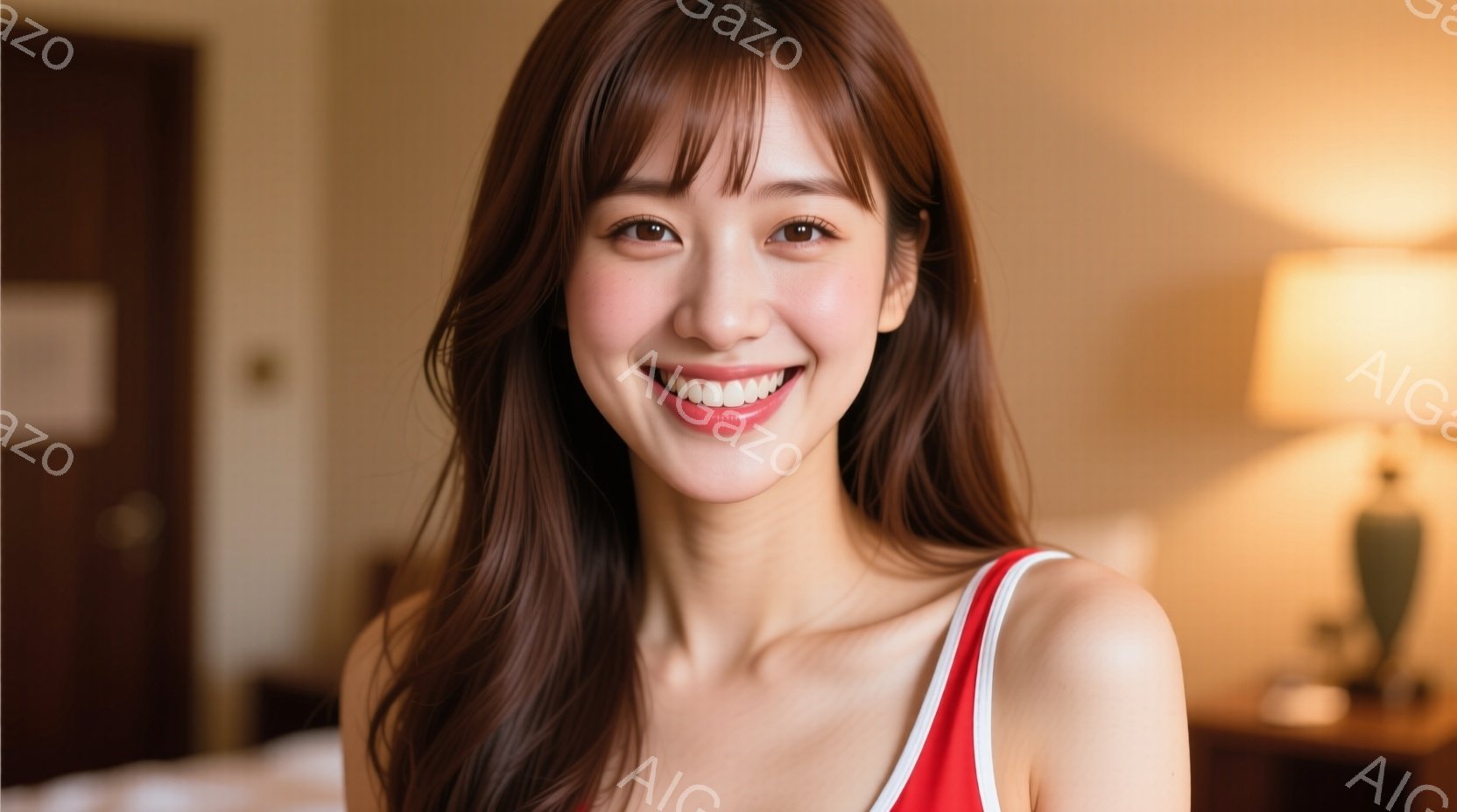 長い茶色の髪に前髪がぱっつんとした若い女性が写っています。赤いタンクトップを着ており、満面の笑みを浮かべています。背景には木製の家具とランプがあり、室内で撮影された暖かい雰囲気の写真です。 - AI生成フリー素材