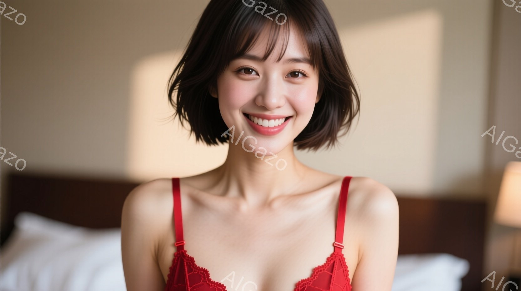 画像には、赤いレースのキャミソールを着た若い女性が写っています。彼女は微笑んでおり、肩を少し下げたリラックスした姿勢です。背景は白っぽいベッドと、ぼんやりとした室内の光で、全体的に柔らかく優しい雰囲気 - AI生成フリー素材
