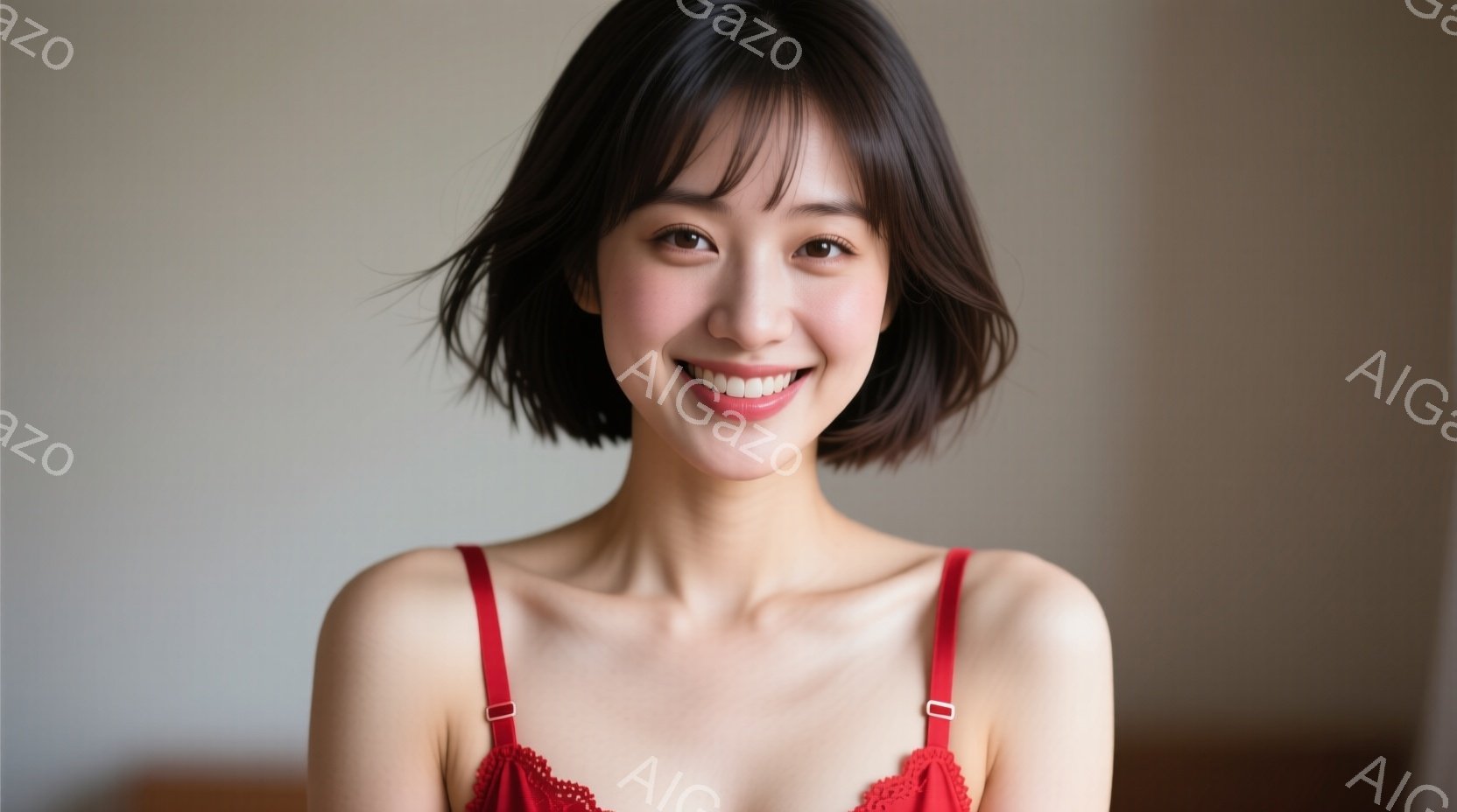 画像は、肩出しの赤いレースのキャミソールを着た若い女性のクローズアップです。彼女は明るい笑顔でカメラを見つめ、肩まで届くダークブラウンのヘアスタイルで、前髪が少し顔にかかっています。背景はぼかされてお - AI生成フリー素材